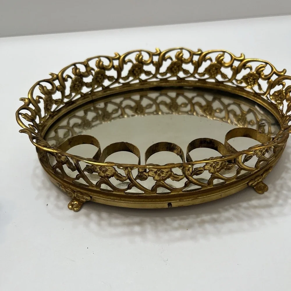 Vintage Gold-Tone Filigree Oval Mirrored Vanity Tray W/ Lipstick Holders Footed